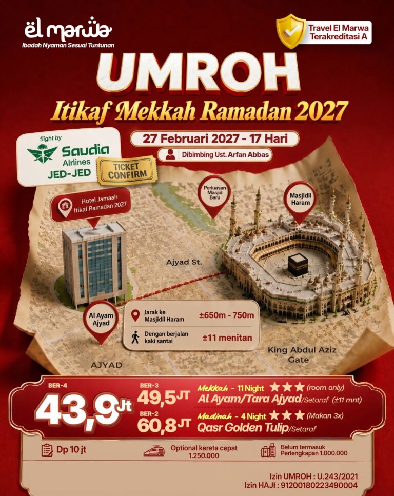 _Rasakan Ramadhan paling berkesan di depan Ka'bah_ ✨🕋 Bayangkan 17 hari penuh ibadah. Tarawih berjamaah, Itikaf 10 malam terakhir, dan sahur sambil melihat Ka'bah... Wujudkan bersama *El Marwa* *UMROH ITIKAF RAMADHAN 2027* 📅 *Keberangkatan : 27 Februari 2027* ⏰ *Durasi: 17 Hari* 👨🏫 *Dibimbing Ust. Arfan Abbas* ✈️ *Flight Saudia Direct JED-JED*